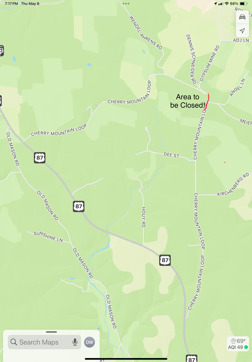 Precinct 4 05.12.2025 Cherry Mountain Loop Maintenance Closure Map